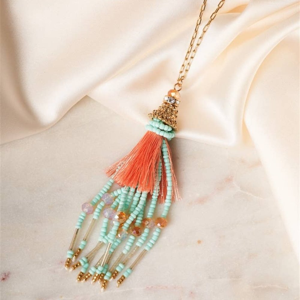 Mixed Beads Tassel Pendant Necklace